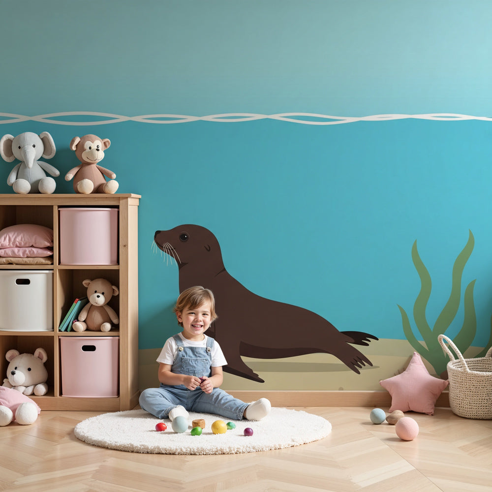 Ocean otter mural wallpaper in modern nursery with underwater marine theme by Kids-Mundo