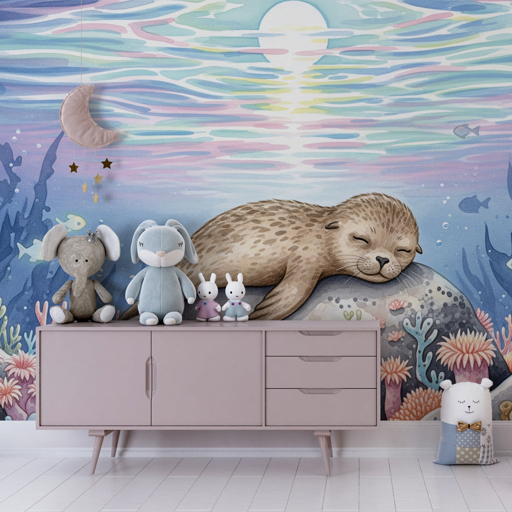 Sea lion underwater wallpaper creating peaceful marine atmosphere in children's bedroom