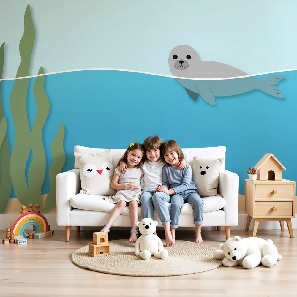 Ocean seal mural wallpaper in bright nursery with natural lighting by Kids-Mundo