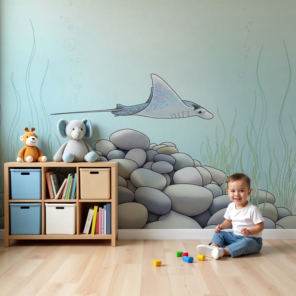 Ocean stingray mural wallpaper creating peaceful underwater nursery decor by Kids-Mundo