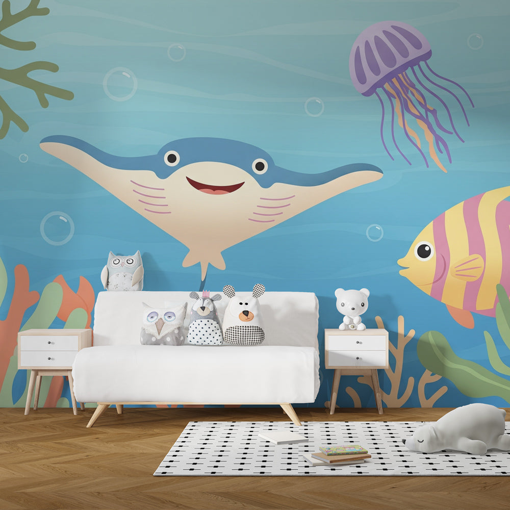 Colorful underwater mural wallpaper creating marine adventure in kids bedroom