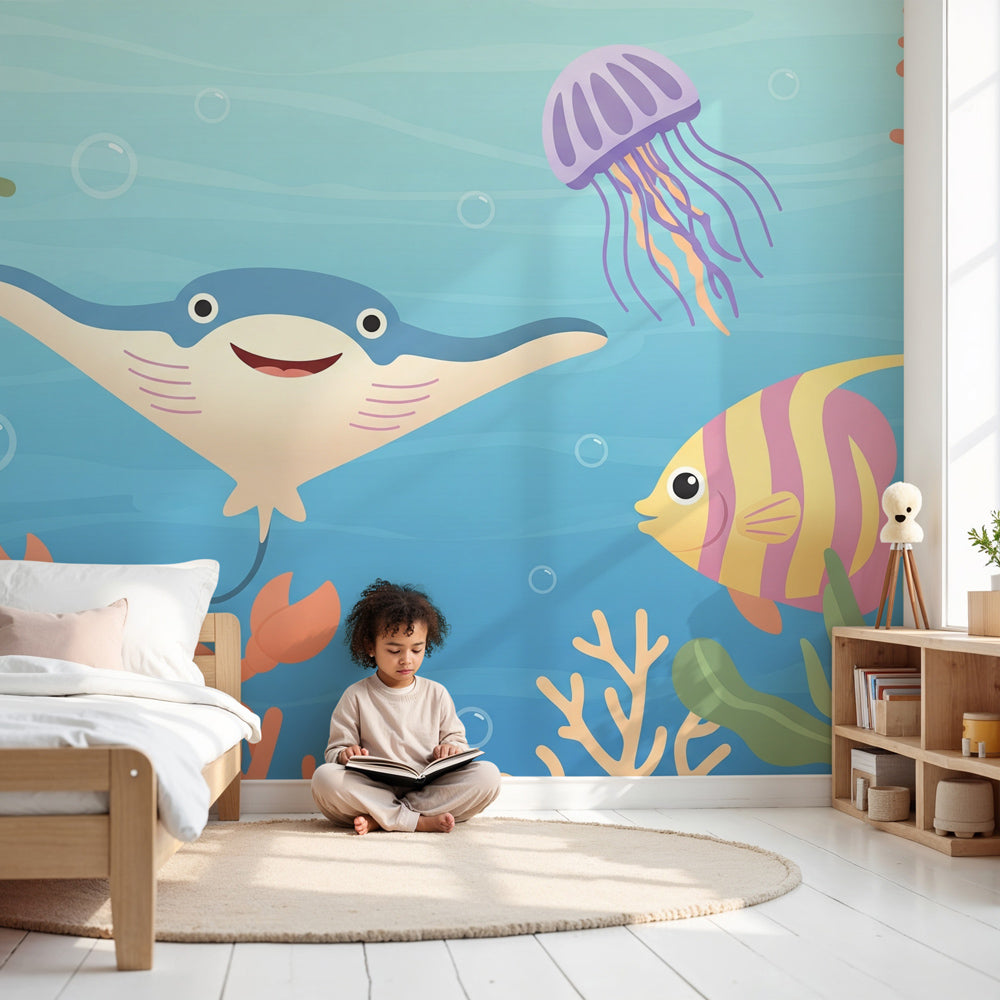 Ocean submarine mural wallpaper in modern nursery with underwater theme by Kids-Mundo
