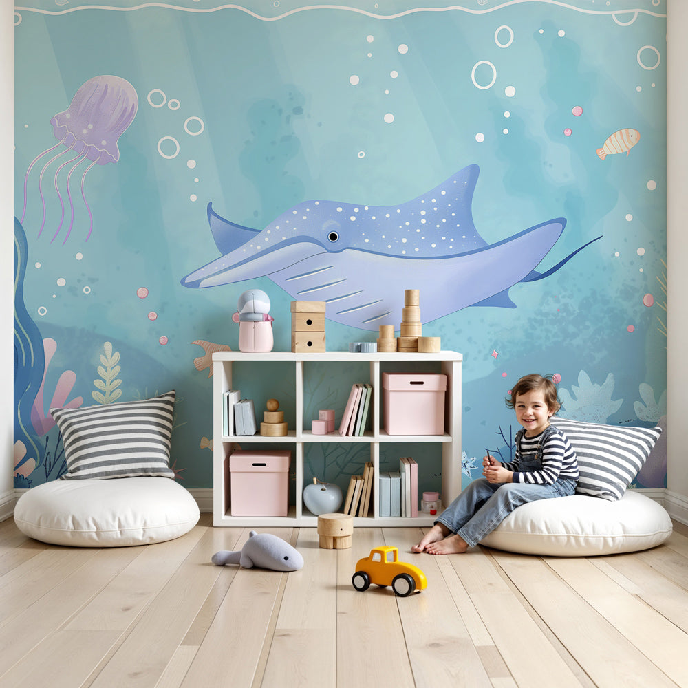 Ocean submarine mural wallpaper with stingray and corals decorating modern nursery by Kids-Mundo