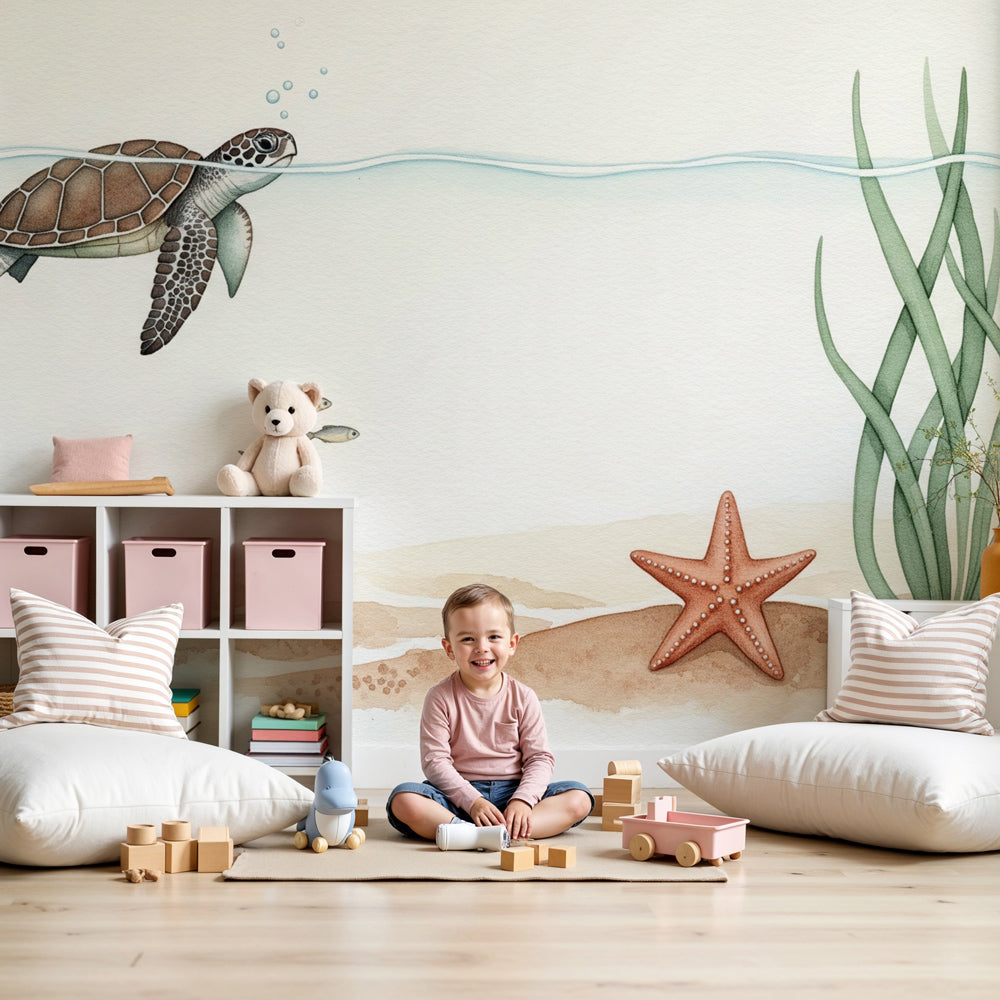 Ocean turtle mural wallpaper in serene baby nursery with underwater adventure theme by Kids-Mundo