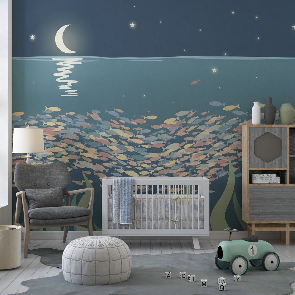 Moonlit sea life mural wallpaper in children's bedroom with calming underwater theme by Kids-Mundo