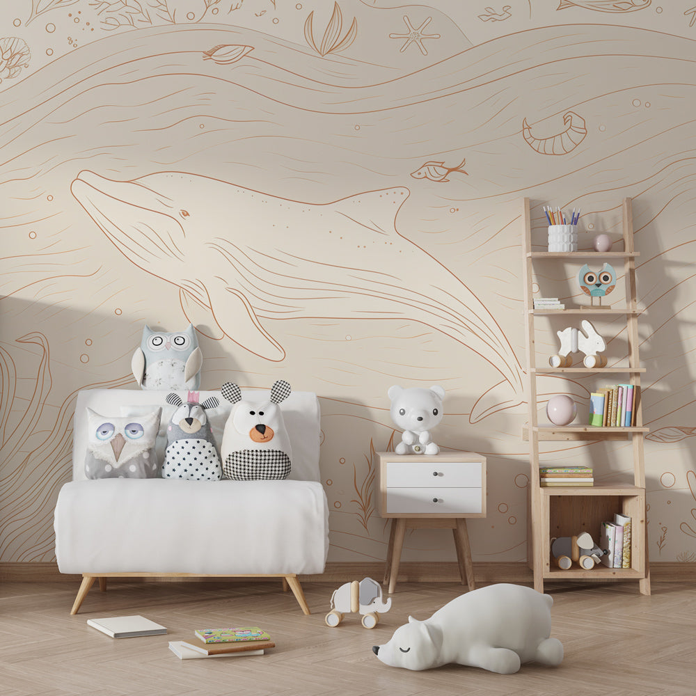 Dreamy whale wallpaper with soft beige tones in modern kids bedroom setting