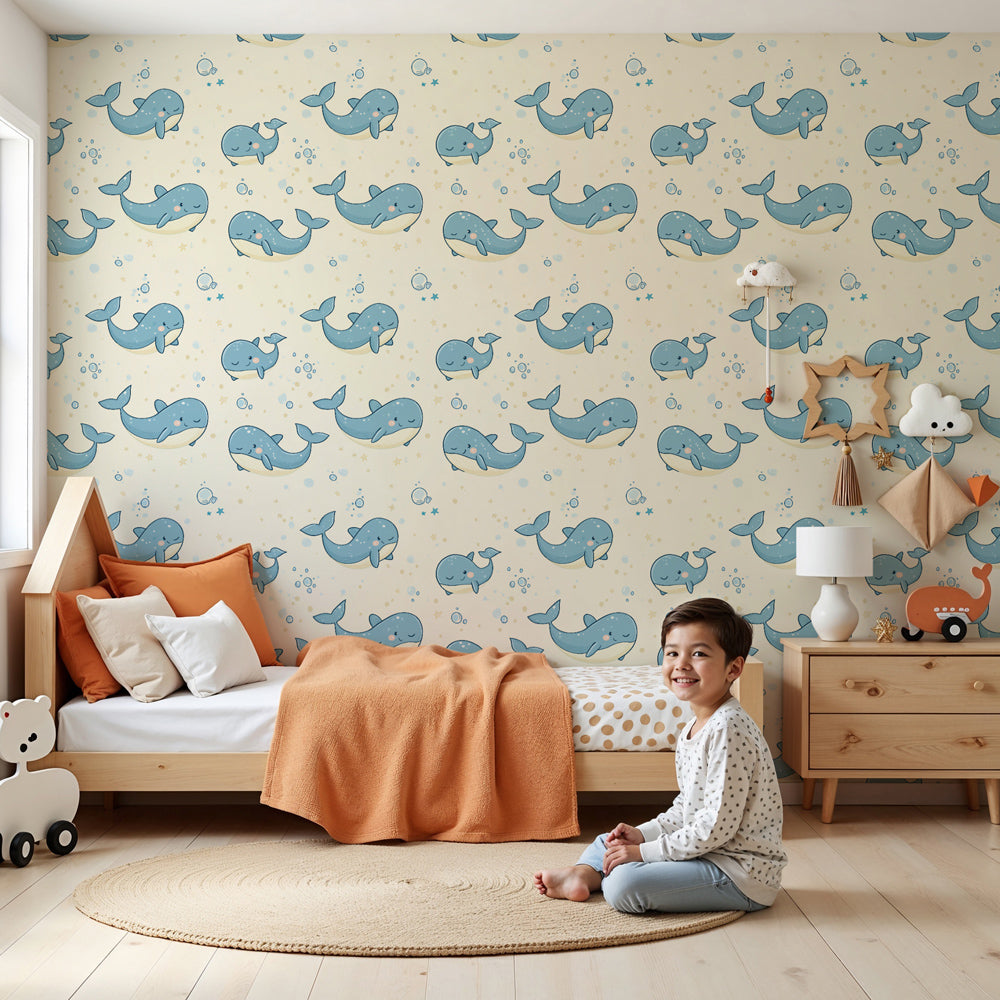 Playful whale wallpaper creating calming underwater atmosphere in kids bedroom