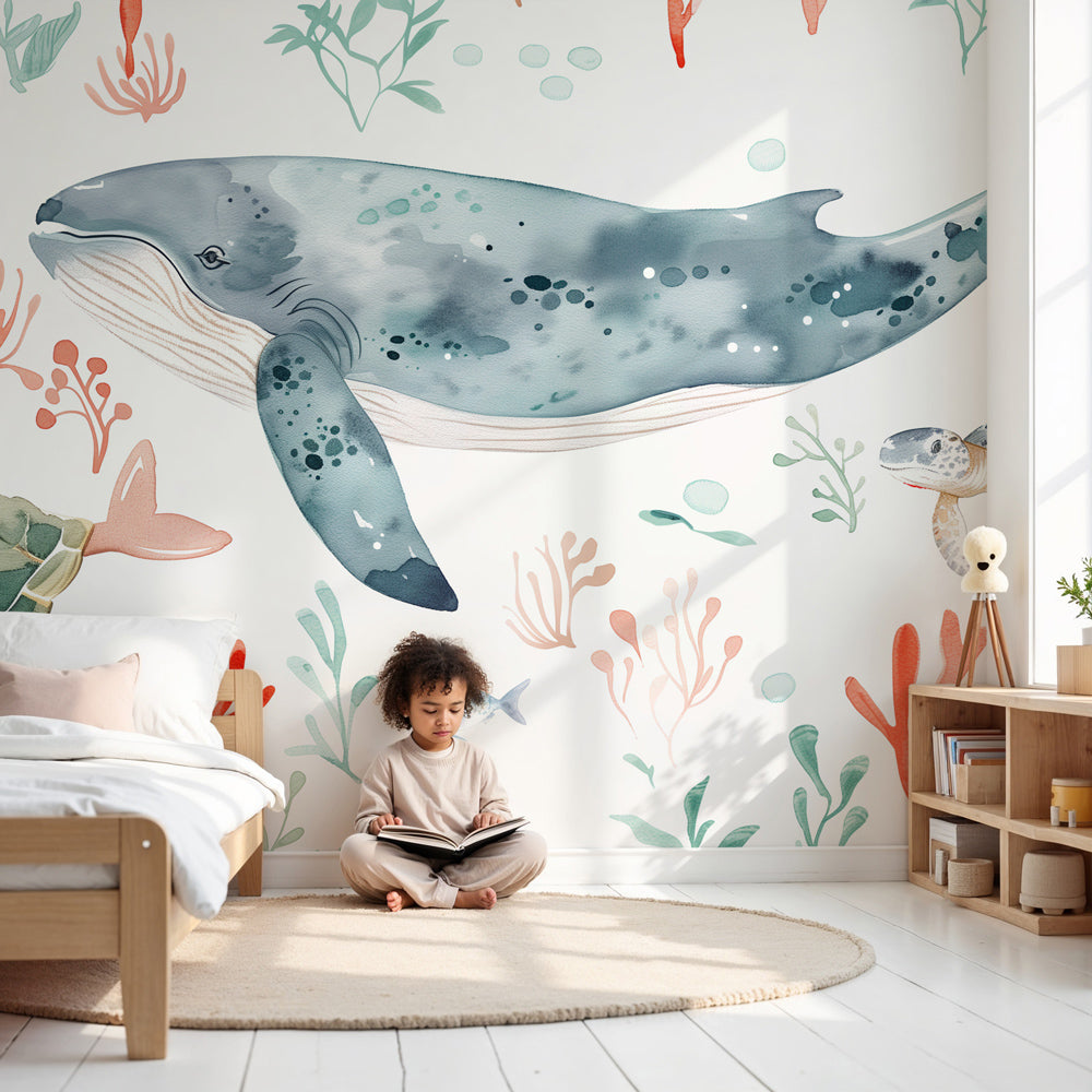 Enchanted ocean whale mural wallpaper creating serene underwater nursery decor by Kids-Mundo