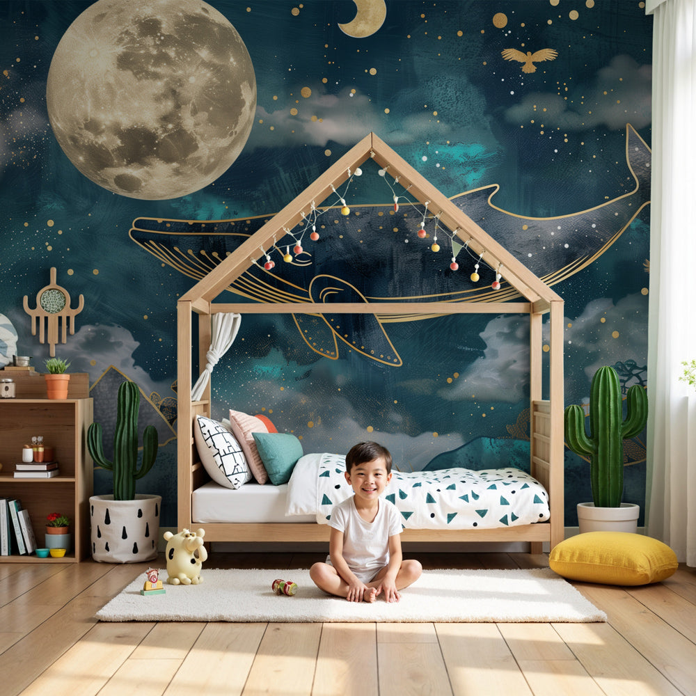 Ocean whale mural wallpaper with golden moon in modern nursery room by Kids-Mundo