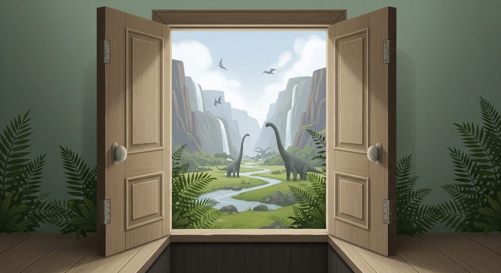 Kids-Mundo flat artwork of open wooden doors revealing a valley of dinosaurs and waterfalls.