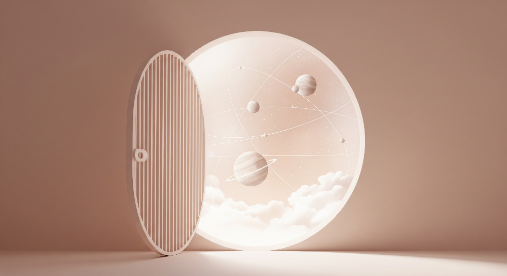 Kids-Mundo flat artwork of an open door revealing a glowing moon portal and soft clouds