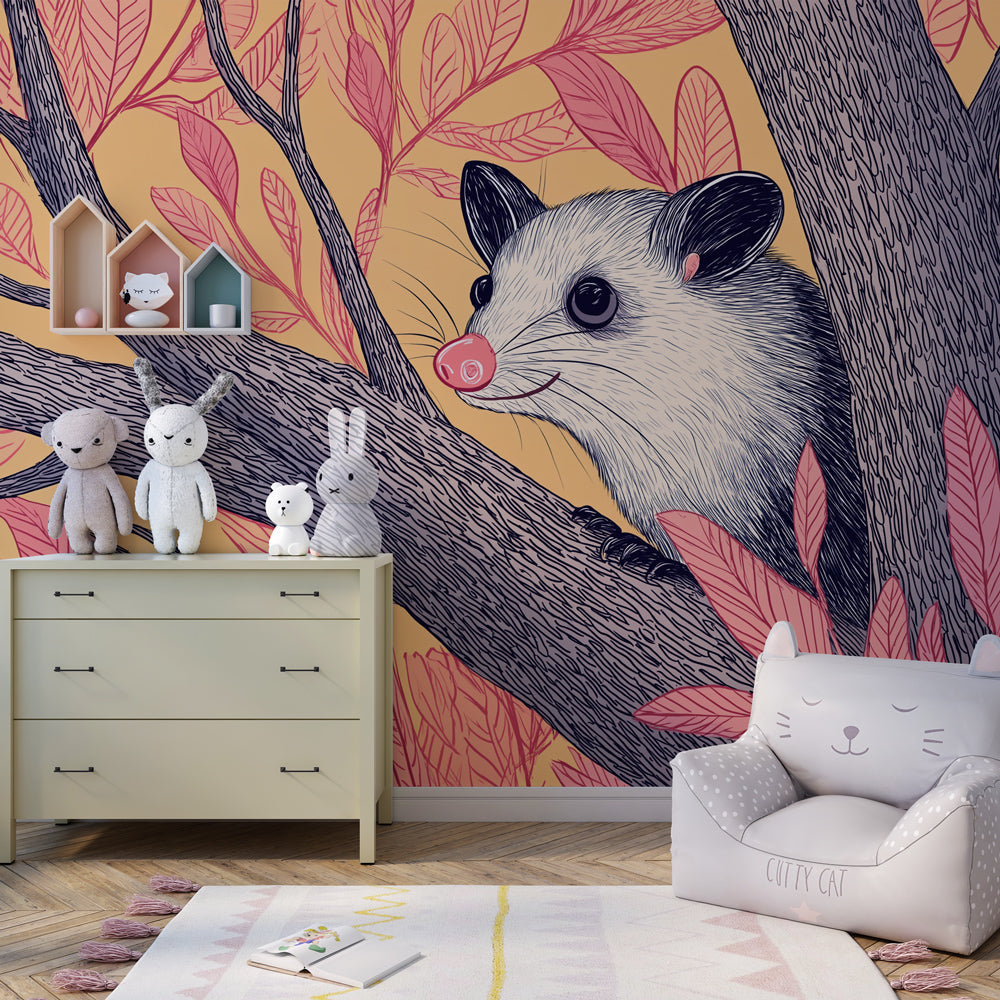 Forest animal mural wallpaper featuring opossum in modern kids bedroom with natural decor