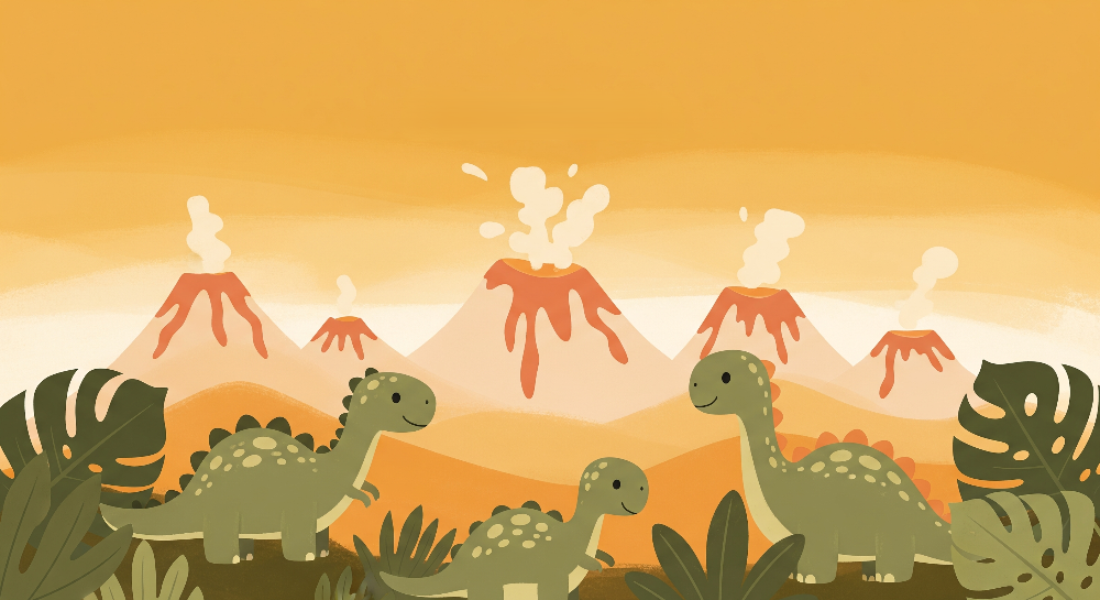 Kids-Mundo flat artwork preview of the orange volcano valley dinosaur mural design.