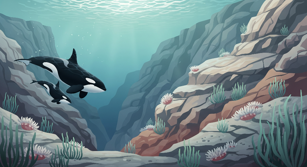 Kids-Mundo flat artwork of an orca and calf swimming through a rocky reef canyon