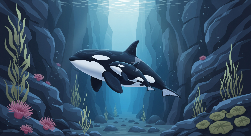 Kids-Mundo flat artwork of a mother orca and her calf swimming through a rocky underwater canyon