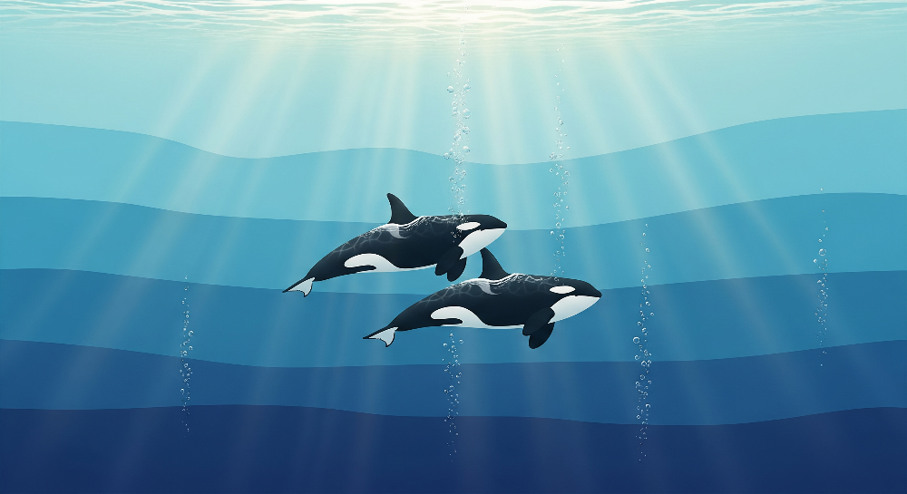 Kids-Mundo flat artwork of two orcas diving through layered blue underwater light