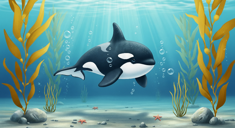 Kids-Mundo flat artwork of an orca swimming through golden kelp with starfish on the seabed