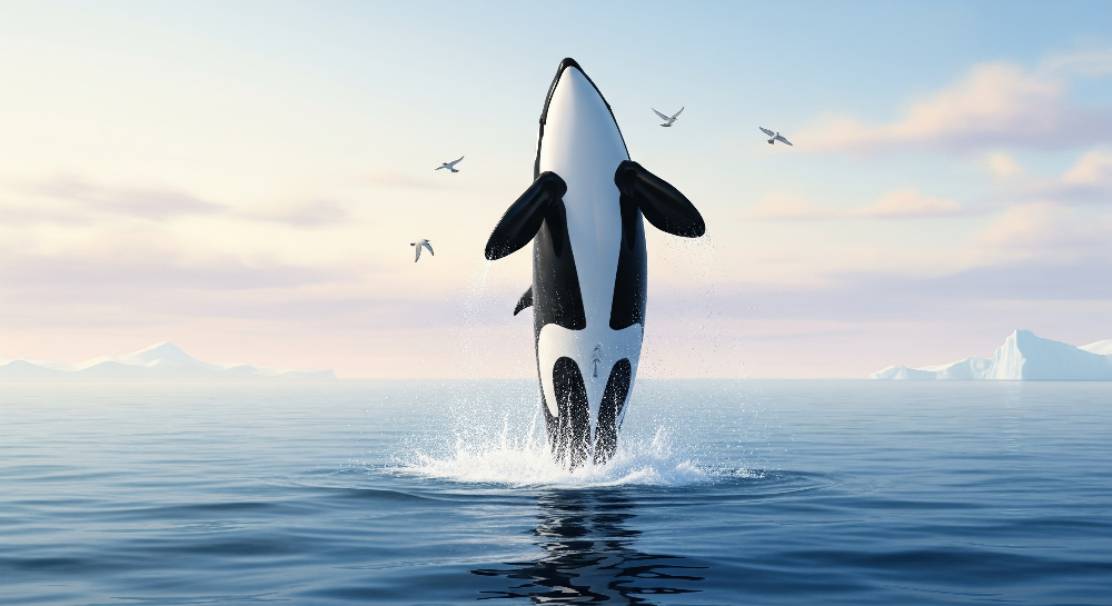 Kids-Mundo flat artwork of an orca leaping above icebergs under a soft pastel sky with birds