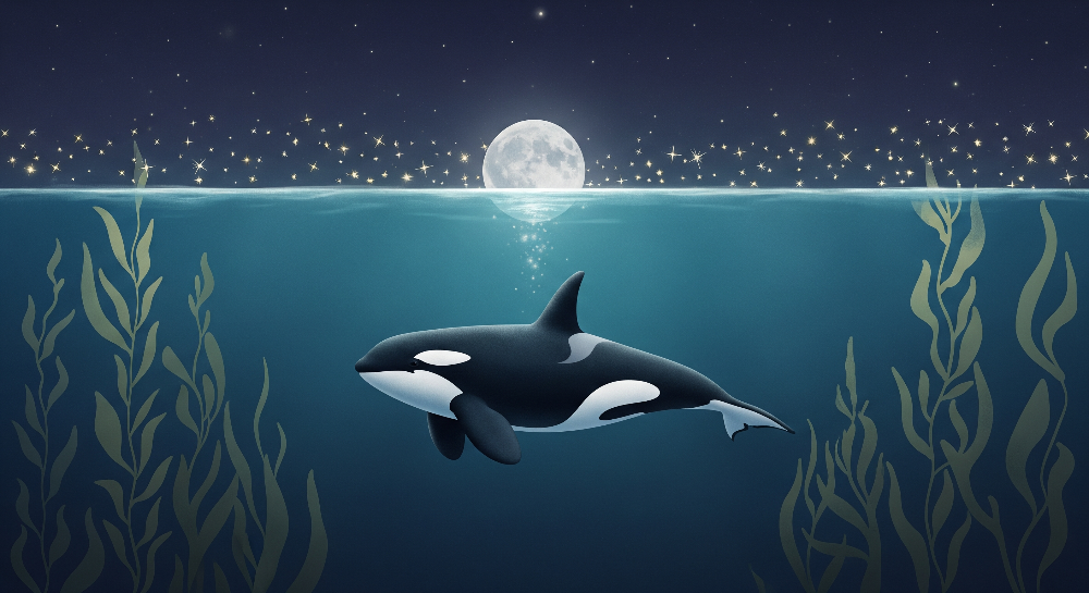 Kids-Mundo flat artwork of a lone orca swimming beneath a full moon and stars.