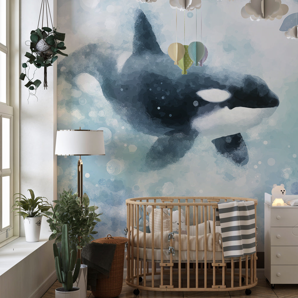 Majestic whale mural wallpaper in modern kids bedroom with ocean theme