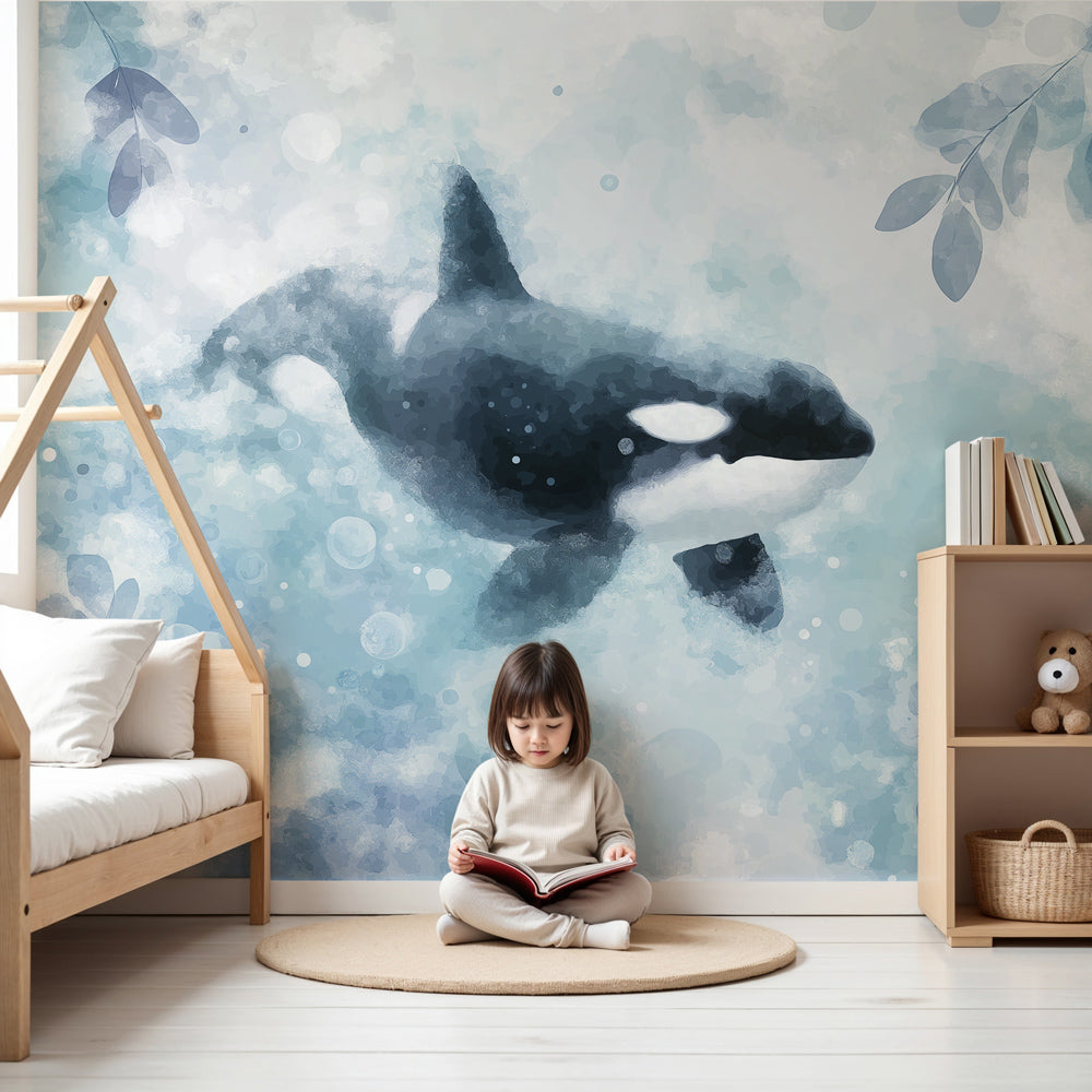 Orca ocean mural wallpaper creating peaceful marine nursery decor by Kids-Mundo