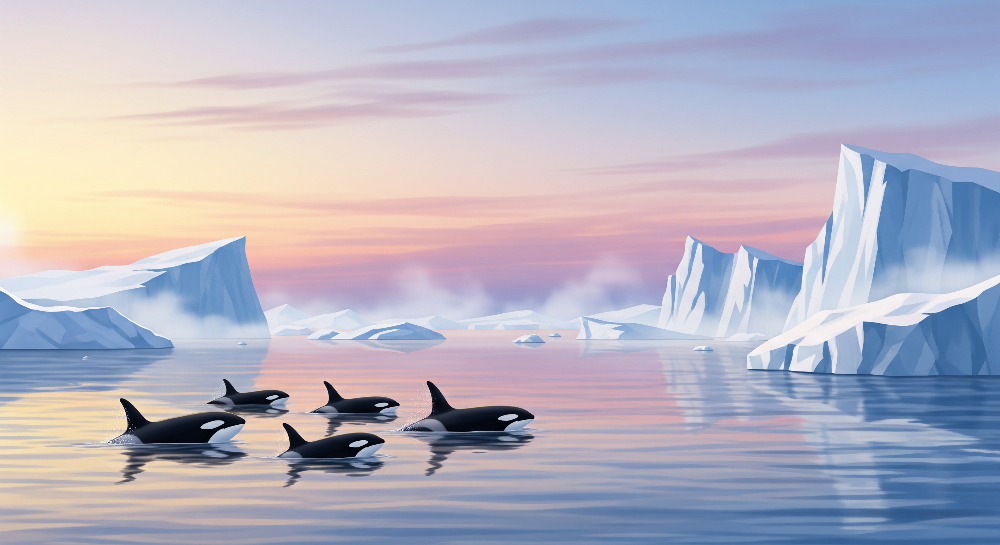 Kids-Mundo flat artwork of an orca pod resting among icebergs at pastel dawn.