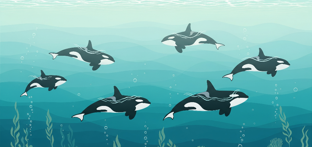 Pod of Orcas Swimming in Calm Blue Waters Wall Mural