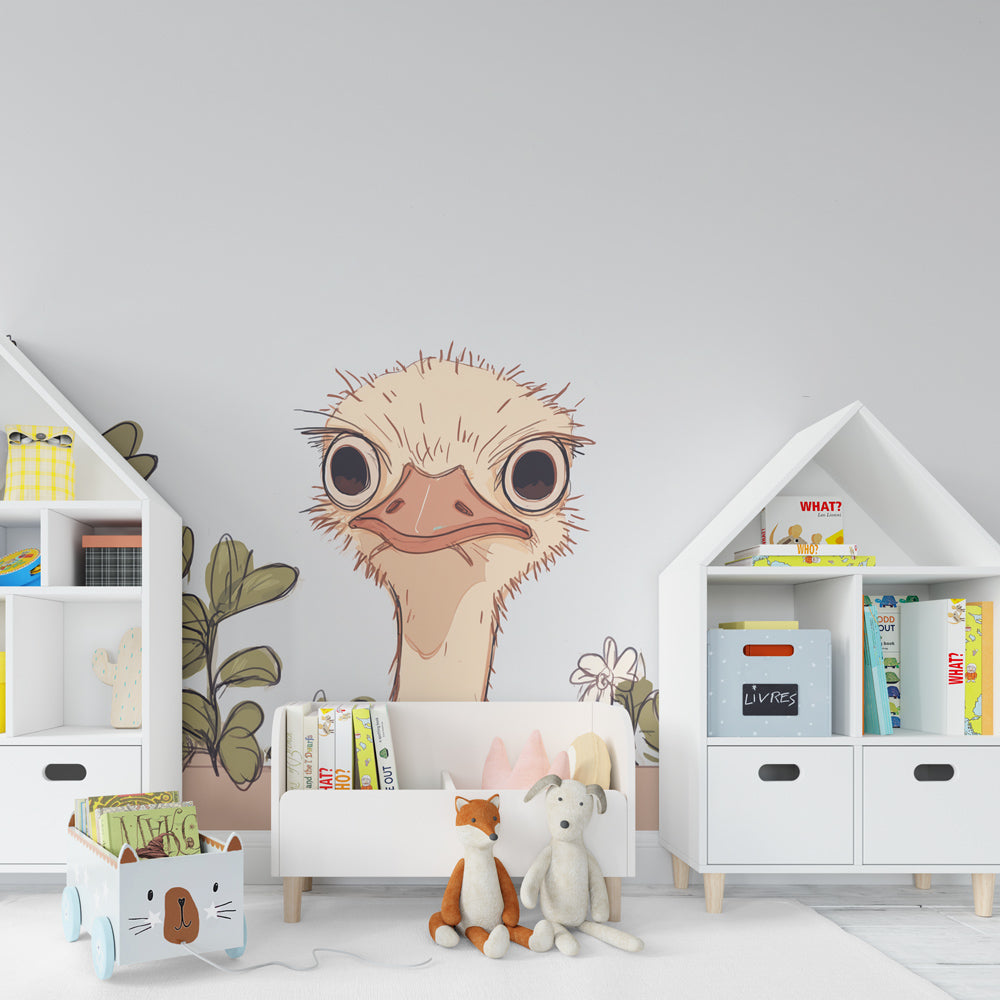 Botanical ostrich wallpaper creating peaceful children's bedroom atmosphere with green plants