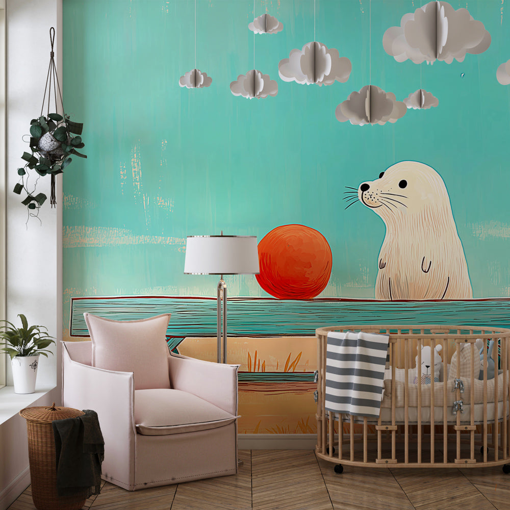Playful otter wallpaper creating cheerful atmosphere in kids bedroom with light wood furniture