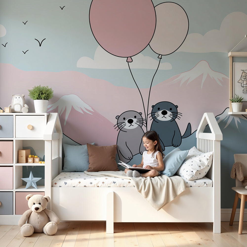 Otter mountain adventure mural wallpaper in modern baby nursery by Kids-Mundo