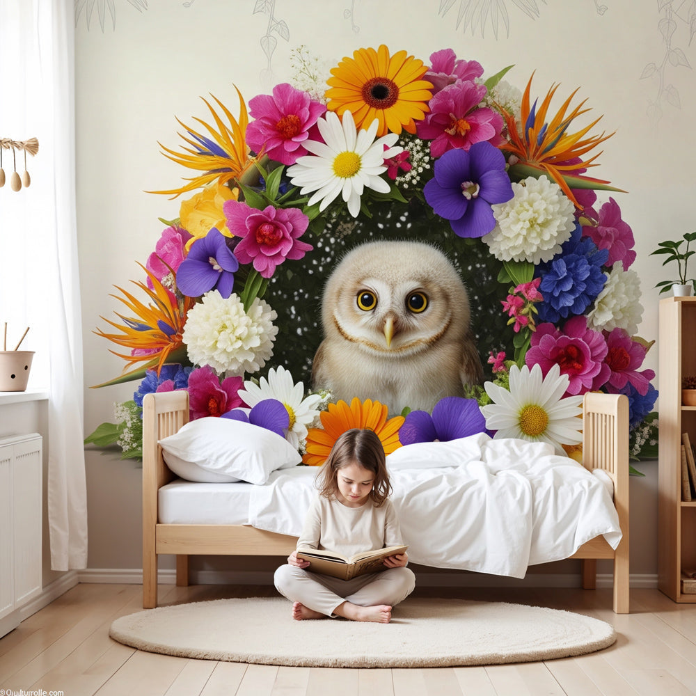 Owl floral mural wallpaper creating magical garden atmosphere in children's nursery by Kids-Mundo