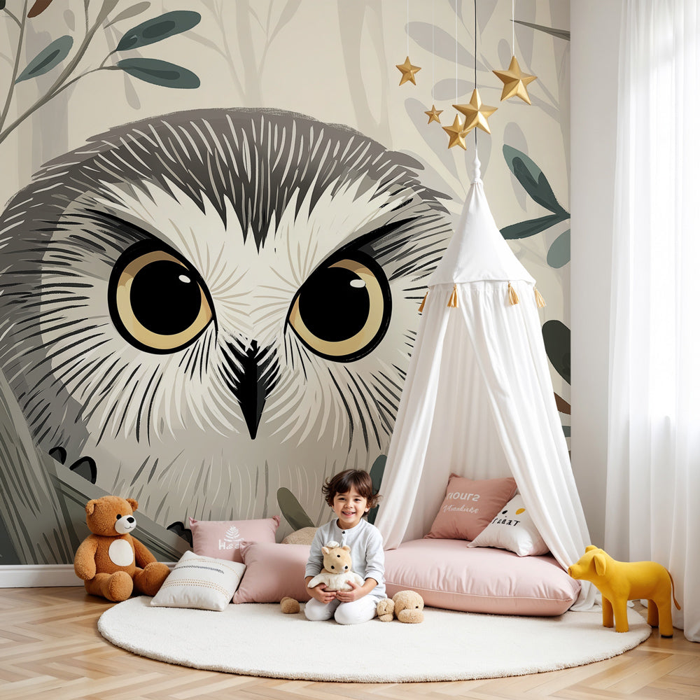 Owl forest mural wallpaper creating magical woodland nursery decor by Kids-Mundo