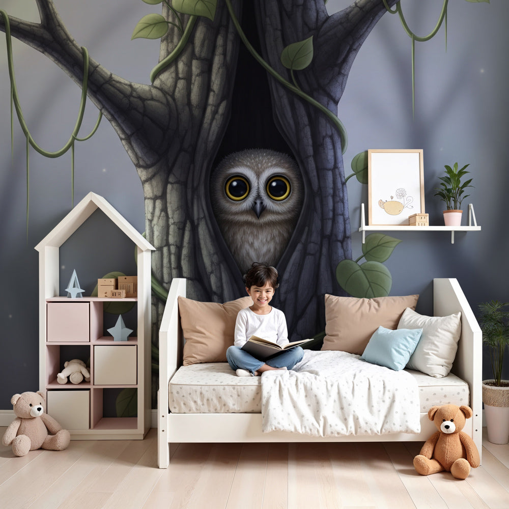 Owl forest mural wallpaper creating enchanted woodland nursery decor by Kids-Mundo