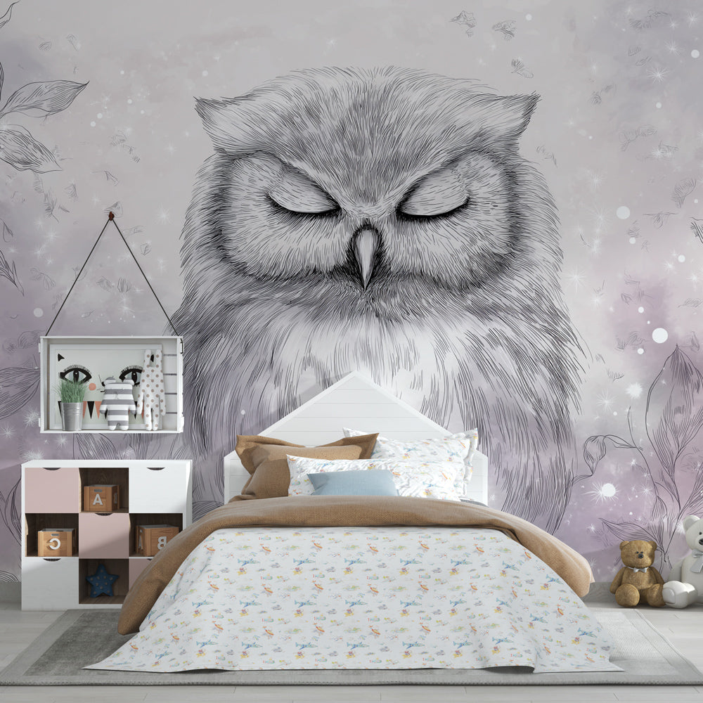 Forest owl wallpaper in modern kids bedroom with light wood furniture and cozy decor by Kids-Mundo