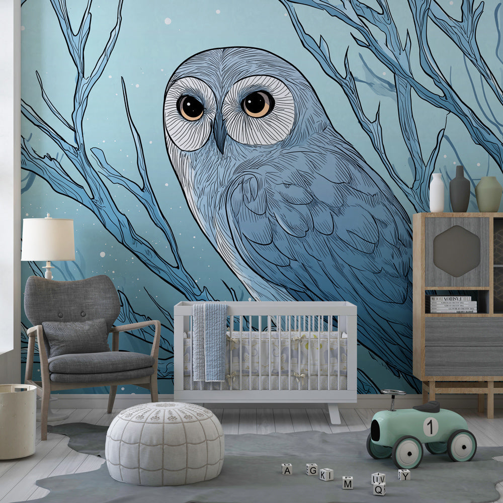 Owl branch mural wallpaper creating calming atmosphere in children's bedroom with natural decor