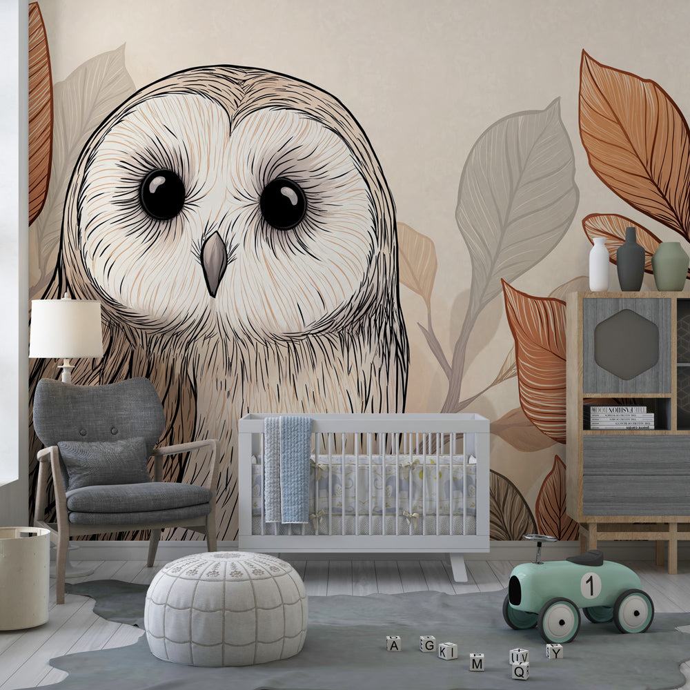 Forest owl wallpaper creating magical woodland atmosphere in kids bedroom with natural decor