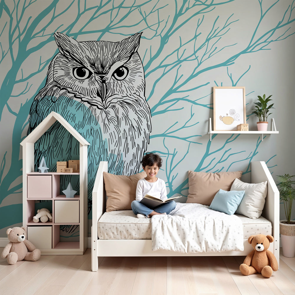 Owl mural wallpaper creating serene nursery decor with wise owl on branch design by Kids-Mundo