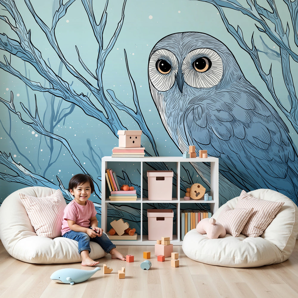 Peaceful owl mural wallpaper in soft blue tones decorating a serene nursery by Kids-Mundo