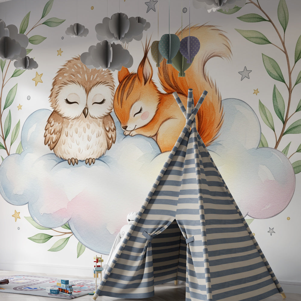 Woodland animals mural wallpaper with owl and squirrel on cloud for baby room