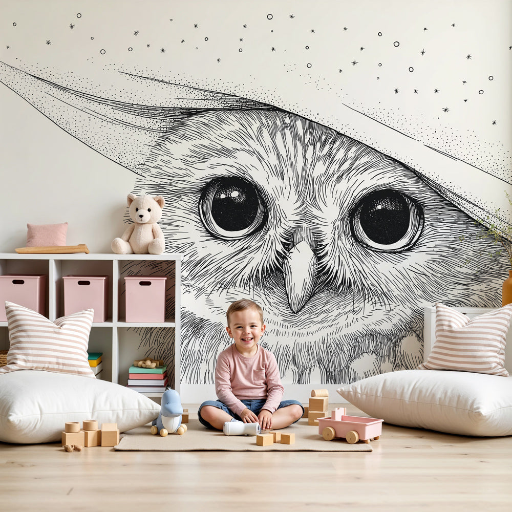 Mystical owl mural wallpaper creating dreamy starry night atmosphere in baby nursery by Kids-Mundo