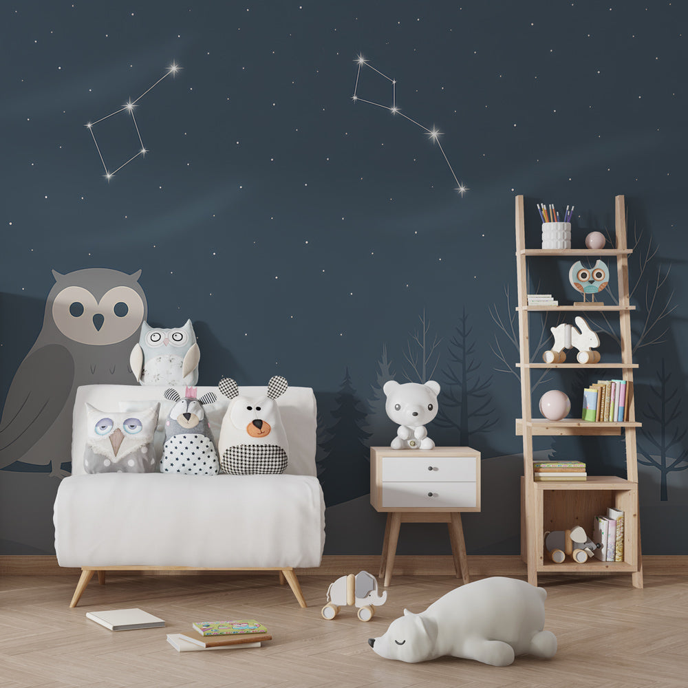 Starry sky owl wallpaper transforming nursery into magical bedtime sanctuary with calming blue tones