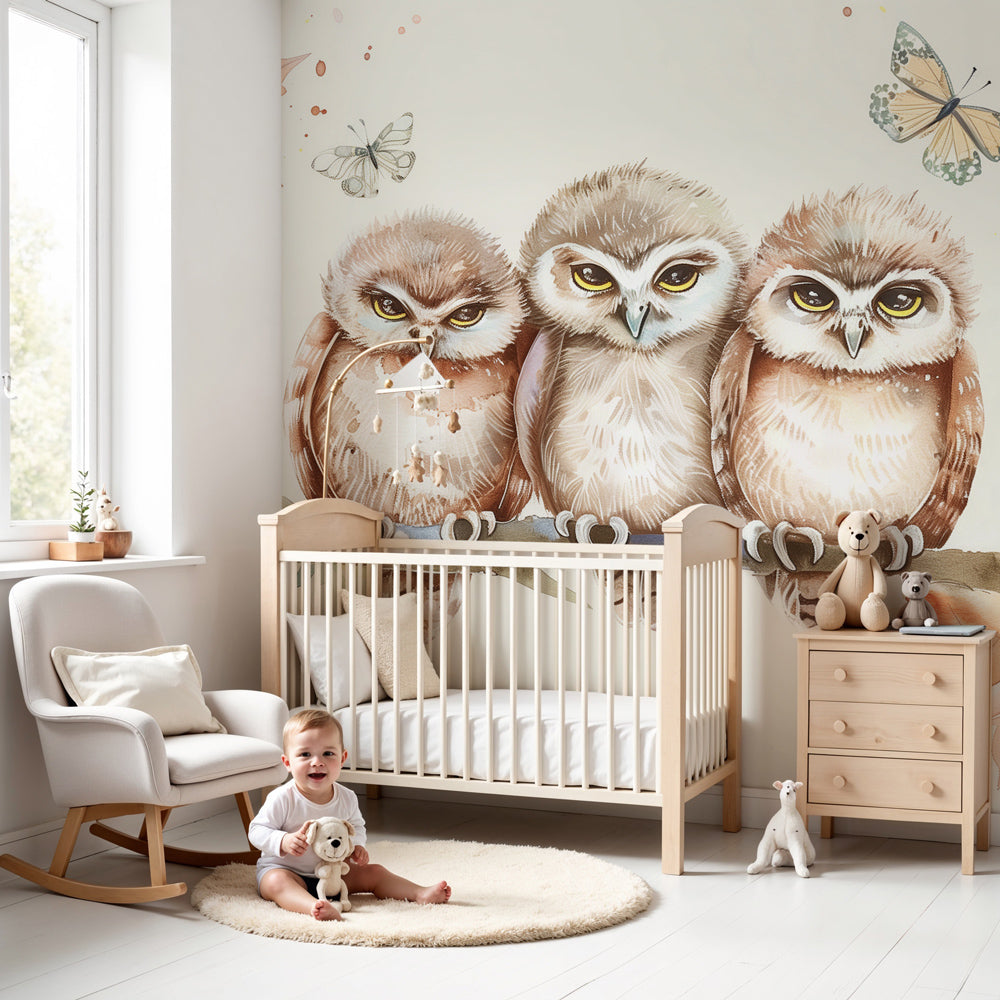 Owls forest mural wallpaper creating cozy autumn woodland nursery decor by Kids-Mundo