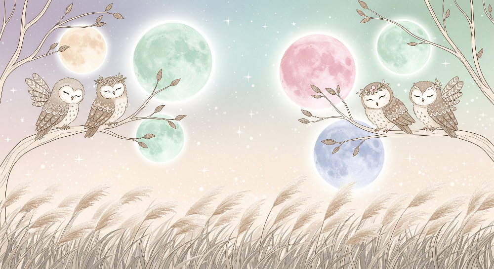 Kids-Mundo flat artwork of sleepy owl pairs perched beneath glowing pastel moons over wheat