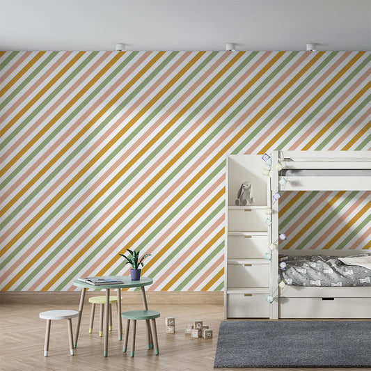 Kids-Mundo blush and sage stripe wall mural covering a feature wall in a bedroom