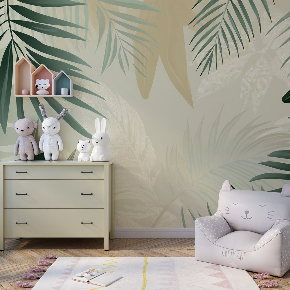 Green palm leaf wallpaper creating peaceful atmosphere in children's bedroom decor