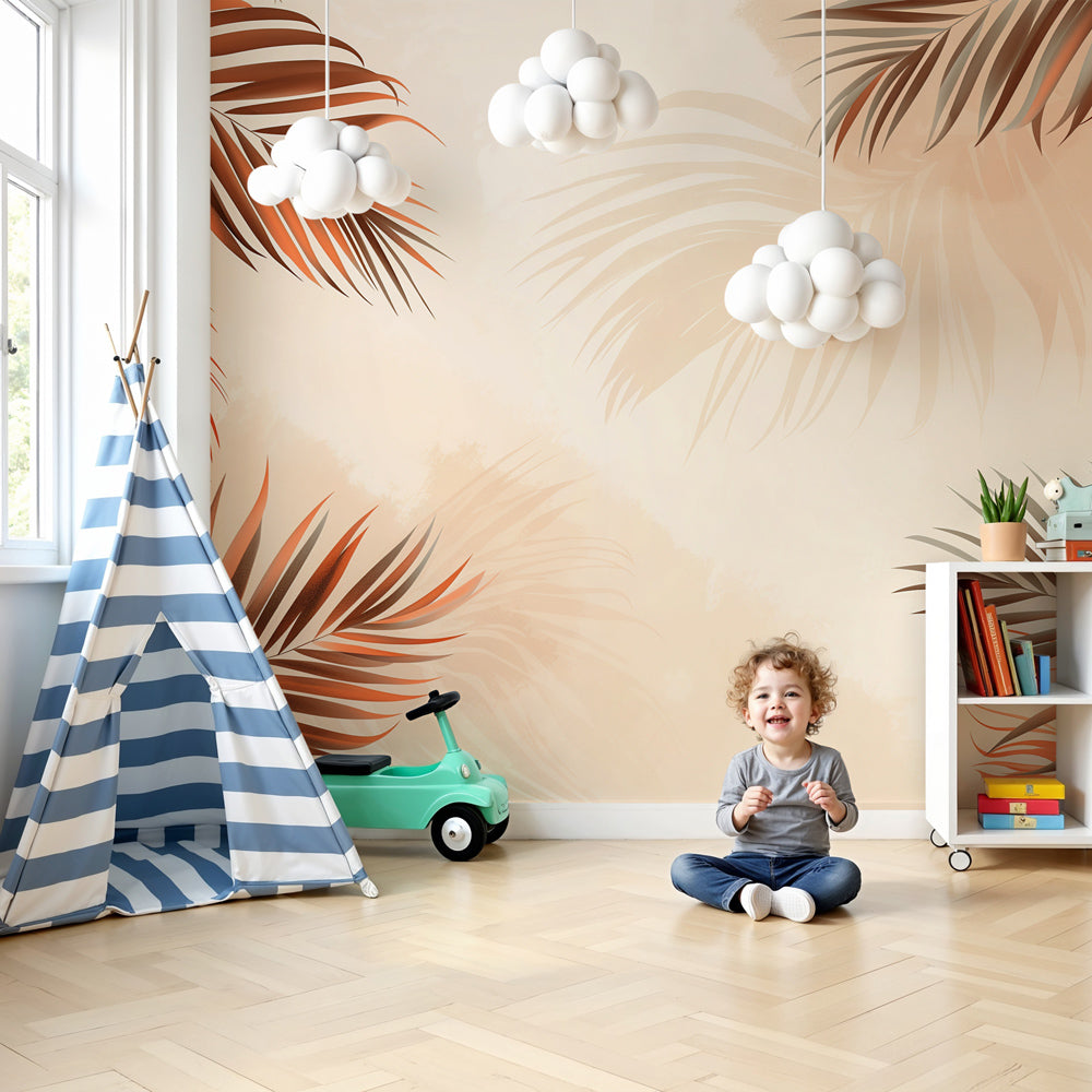 Palm leaf mural wallpaper in warm tones decorating a cozy children's nursery by Kids-Mundo