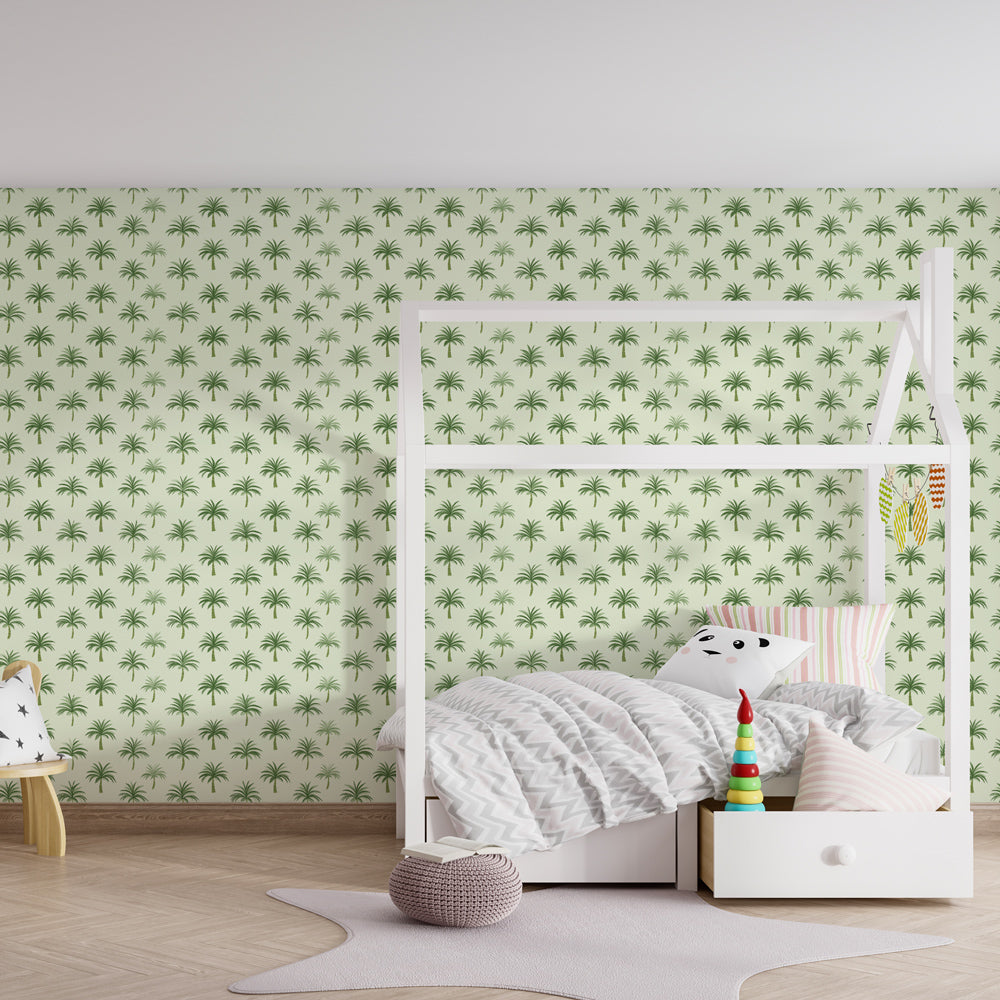 Tropical palm wallpaper creating serene children's bedroom decor with natural wood furniture