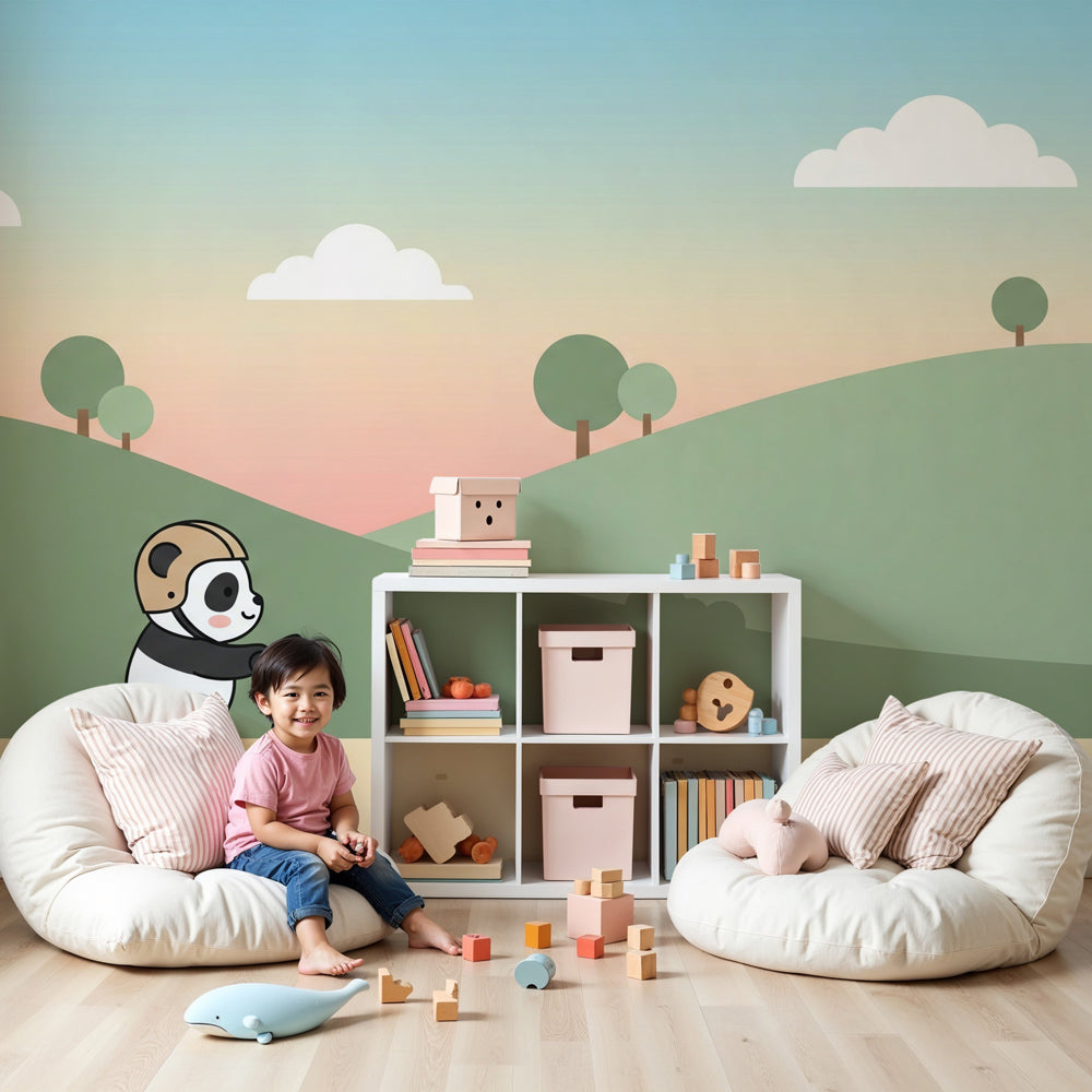 Panda adventure mural wallpaper in modern nursery with wooden furniture by Kids-Mundo