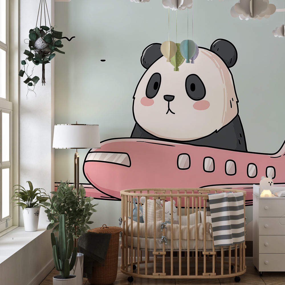 Flying panda pilot wallpaper creating magical adventure atmosphere in children's bedroom decor