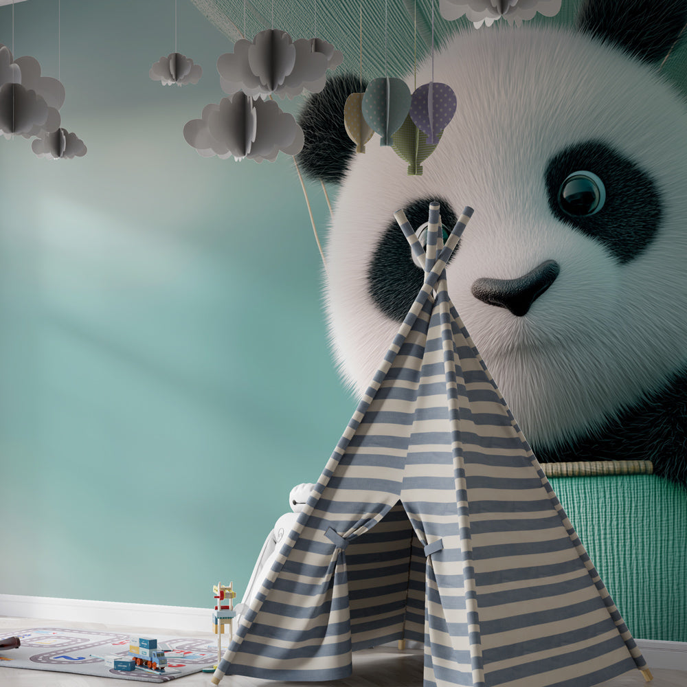 Blue panda hot air balloon wallpaper creating peaceful atmosphere in children's bedroom by Kids-Mundo